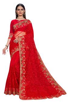 Red Embroidered Net Saree With Blouse