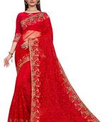Red Embroidered Net Saree With Blouse