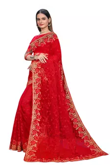Red Embroidered Net Saree With Blouse