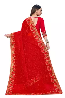 Red Embroidered Net Saree With Blouse