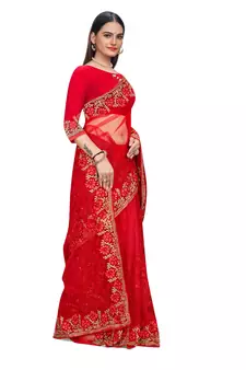 Red Embroidered Net Saree With Blouse