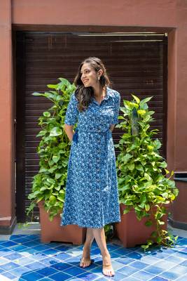 Weavllite Women's Indigo  Pure Cotton Block printed Dress 1