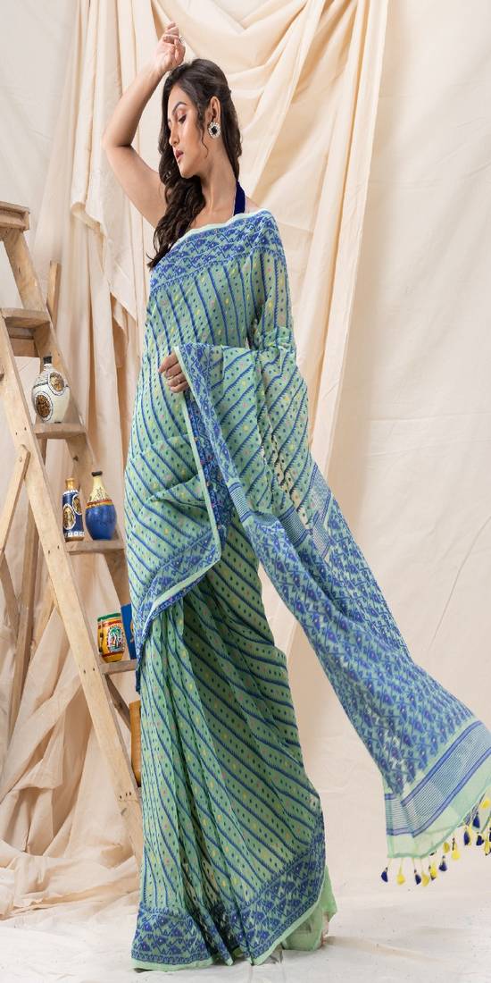 Traditional Light Aqua Soft Dhakai Jamdani Saree Without Blouse