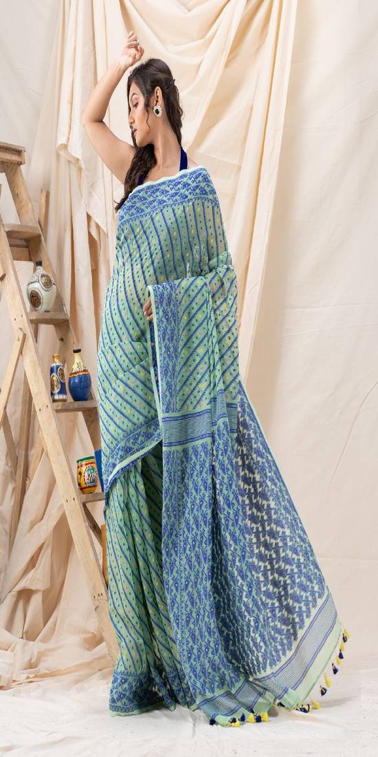 Traditional Light Aqua Soft Dhakai Jamdani Saree Without Blouse