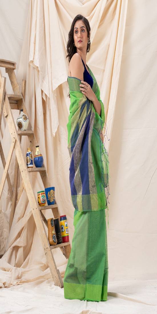 Traditional Green Cotton Blend Handloom Saree