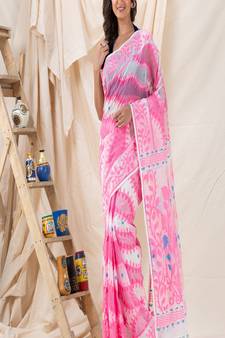 Traditional White Pink Soft Dhakai Creeper Jamdani Saree Without Blouse