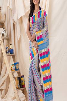 Traditional Ash Gray Soft Dhakai Ball Jamdani Saree Without Blouse