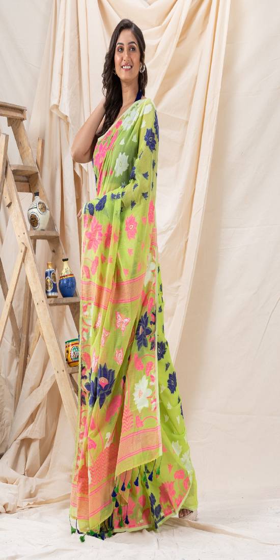 Traditional Lemon Green Soft Dhakai Jamdani Saree Without Blouse ...