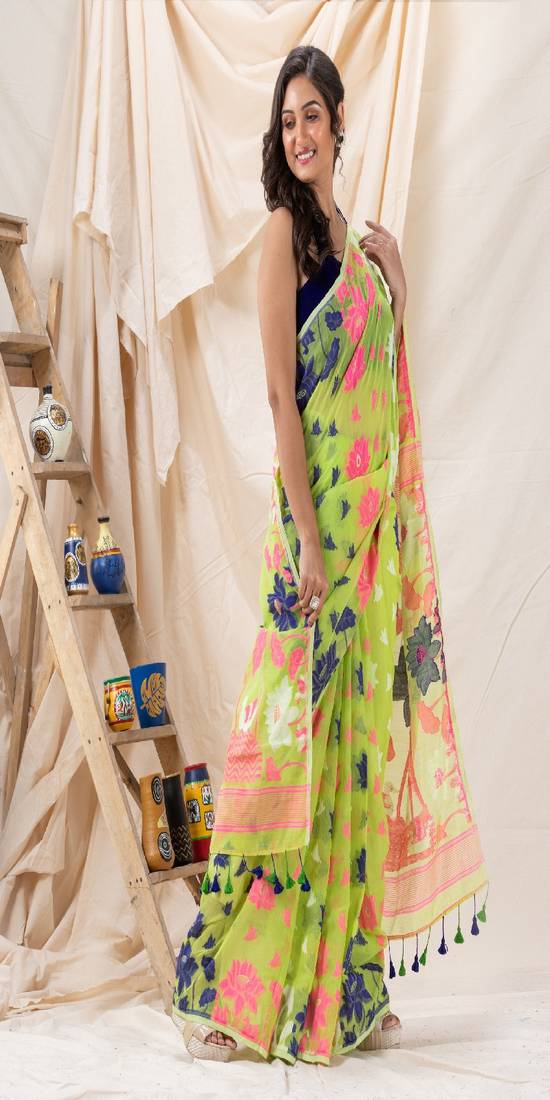 Traditional Lemon Green Soft Dhakai Jamdani Saree Angoshobha 4035134