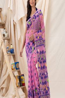 Traditional Light Fuchsia Soft Dhakai Jamdani Saree Without Blouse