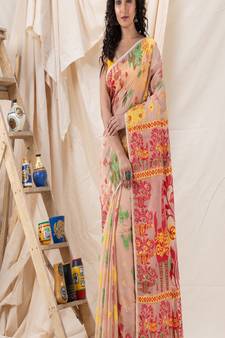 Traditional Peach Puff Soft Dhakai Jamdani Saree Without Blouse
