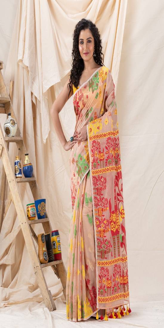 Traditional Peach Puff Soft Dhakai Jamdani Saree Without Blouse