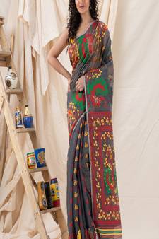 Traditional Gray Soft Dhakai Jamdani Saree Without Blouse