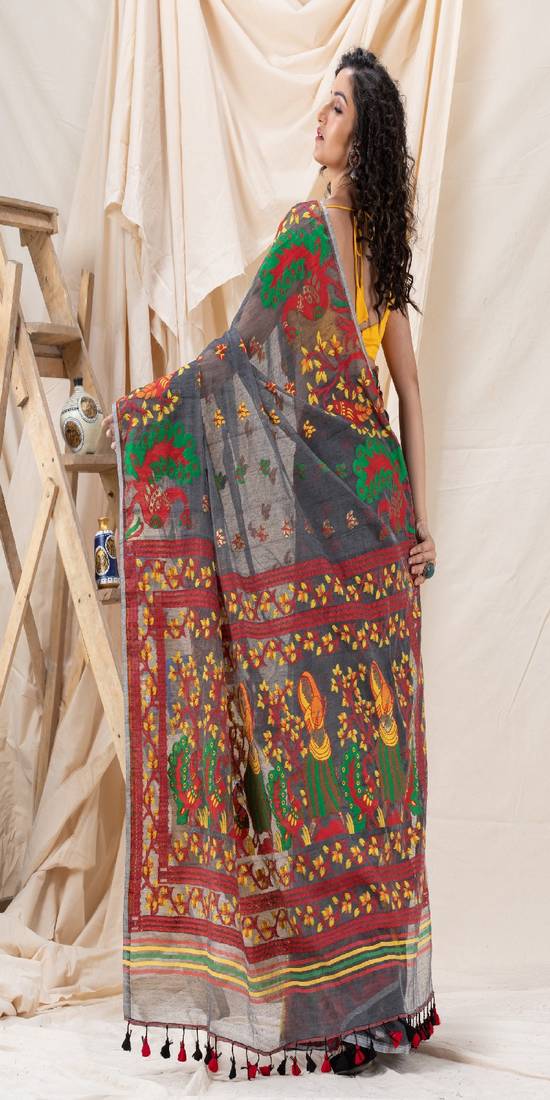 Traditional Gray Soft Dhakai Jamdani Saree Without Blouse
