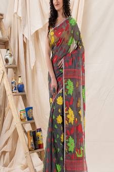 Traditional Deep Gray Soft Dhakai Jamdani Saree Without Blouse