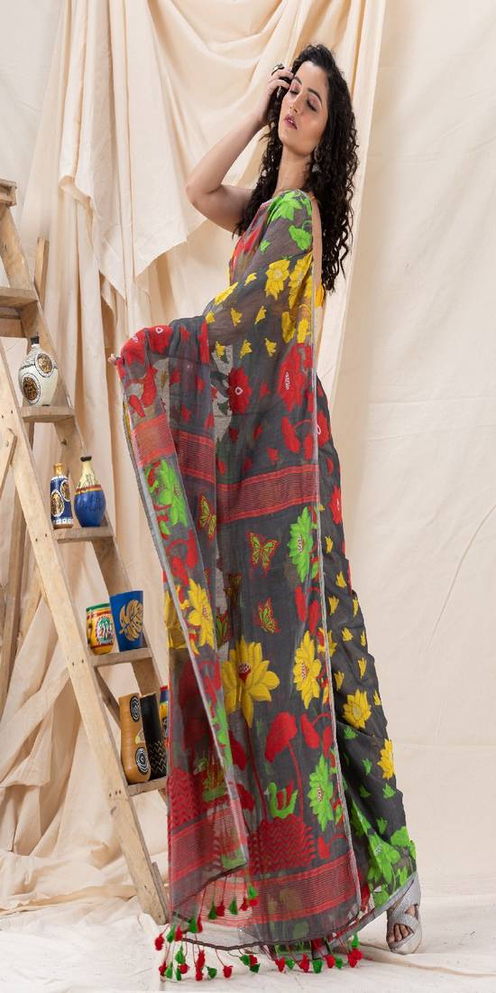 Traditional Deep Gray Soft Dhakai Jamdani Saree Without Blouse