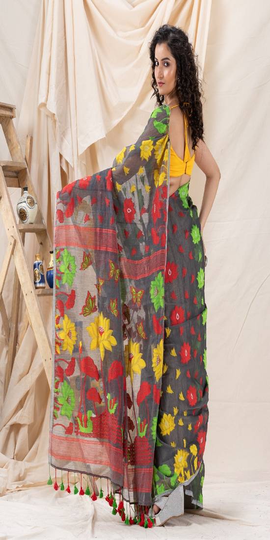 Traditional Deep Gray Soft Dhakai Jamdani Saree Without Blouse