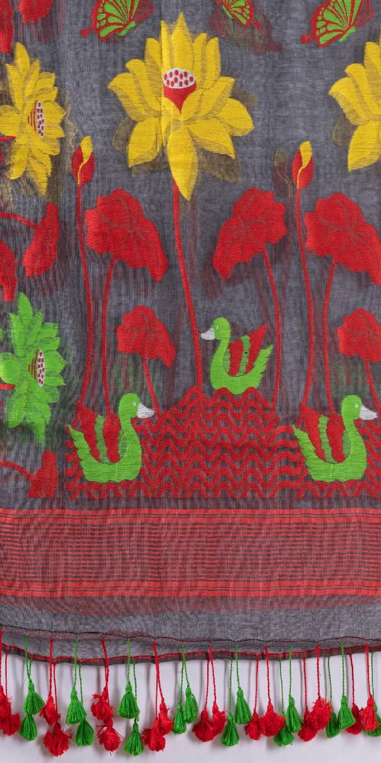 Traditional Deep Gray Soft Dhakai Jamdani Saree Without Blouse