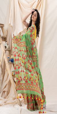 Traditional Green Soft Dhakai Jamdani Saree Without Blouse 3
