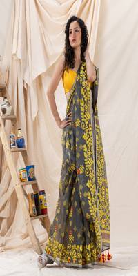 Traditional Deep Gray Yellow Soft Dhakai Creeper Jamdani Saree 1