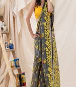 Traditional Deep Gray Yellow Soft Dhakai Creeper Jamdani Saree