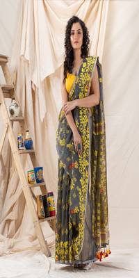 Traditional Deep Gray Yellow Soft Dhakai Creeper Jamdani Saree 2