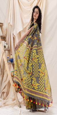 Traditional Deep Gray Yellow Soft Dhakai Creeper Jamdani Saree 3