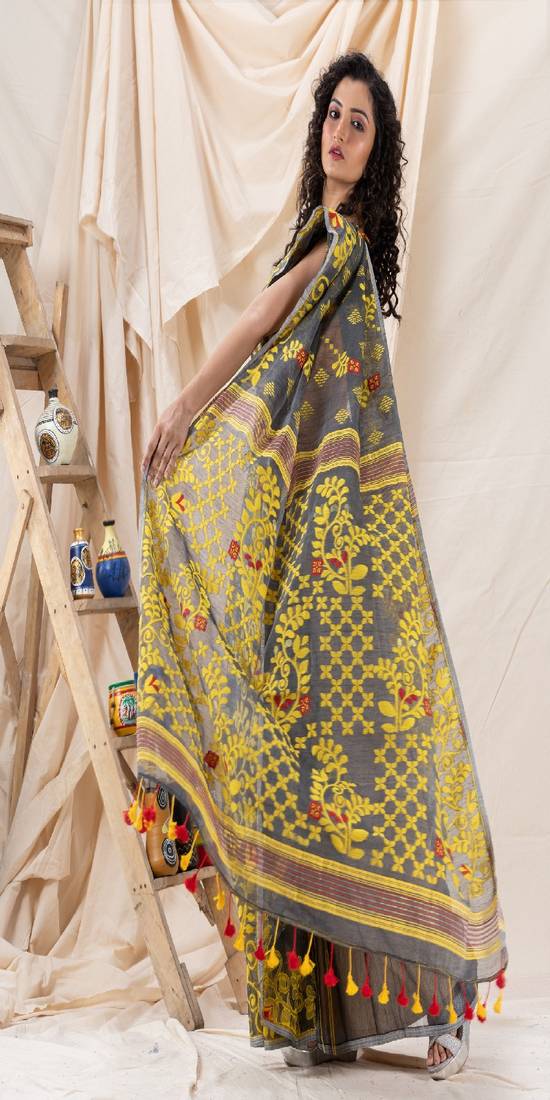 Traditional Deep Gray Yellow Soft Dhakai Creeper Jamdani Saree