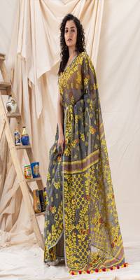 Traditional Deep Gray Yellow Soft Dhakai Creeper Jamdani Saree 4