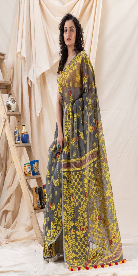 Traditional Deep Gray Yellow Soft Dhakai Creeper Jamdani Saree