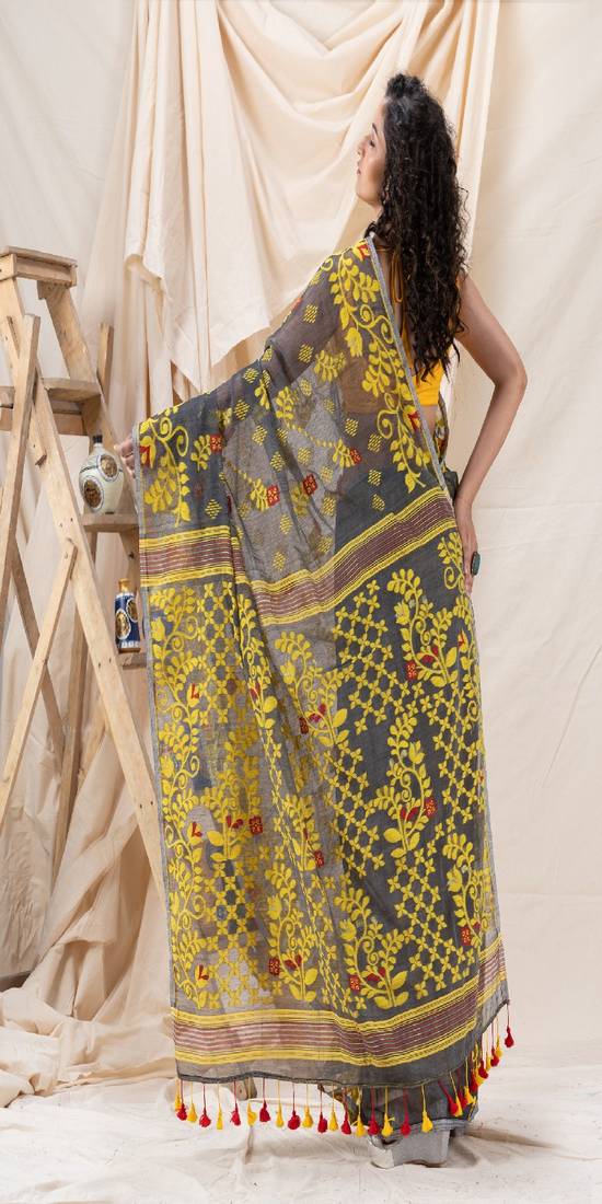 Traditional Deep Gray Yellow Soft Dhakai Creeper Jamdani Saree