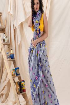 Traditional Blue Grey Soft Dhakai Jamdani Saree Without Blouse