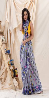 Traditional Blue Grey Soft Dhakai Jamdani Saree Without Blouse 1