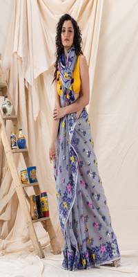 Traditional Blue Grey Soft Dhakai Jamdani Saree Without Blouse 2