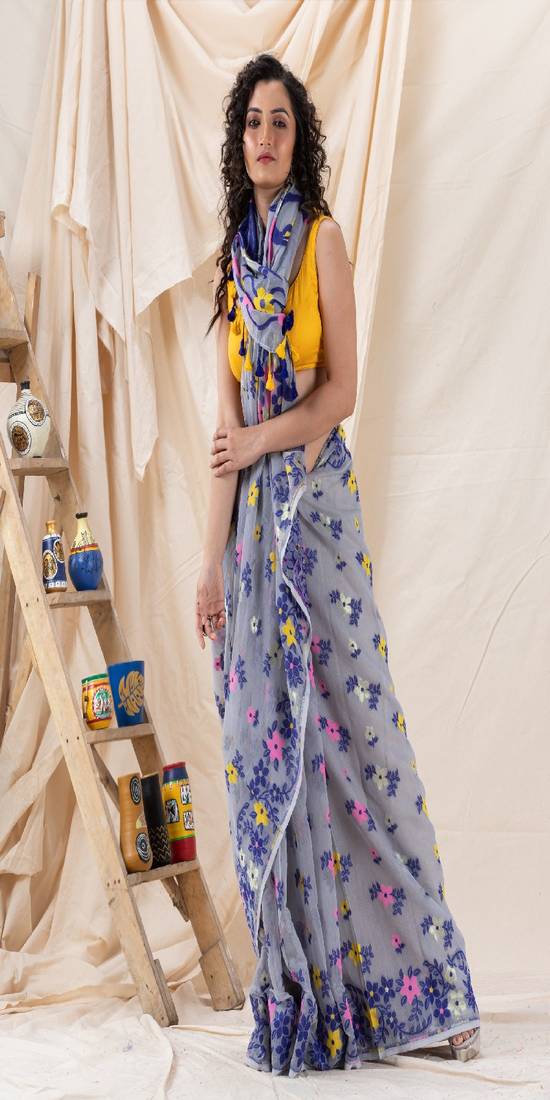 Traditional Blue Grey Soft Dhakai Jamdani Saree Without Blouse