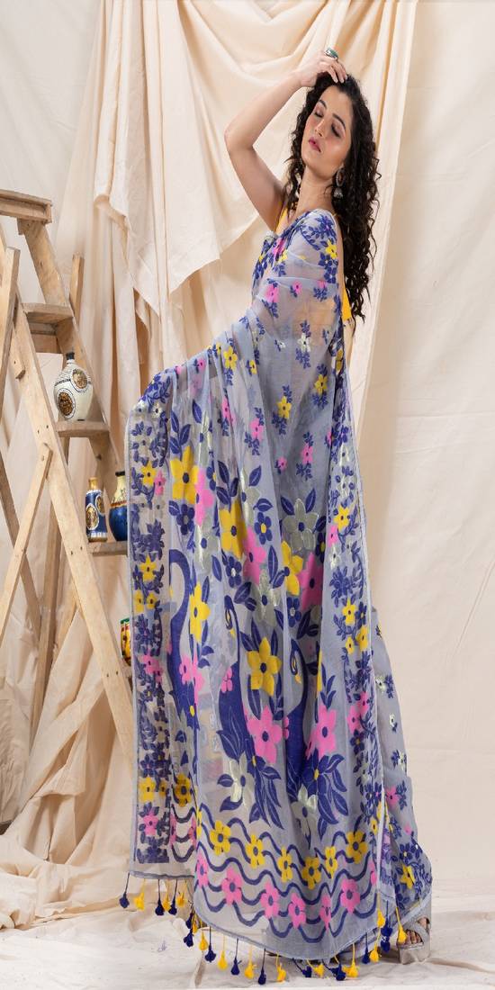 Traditional Blue Grey Soft Dhakai Jamdani Saree Without Blouse