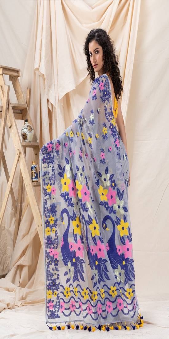 Traditional Blue Grey Soft Dhakai Jamdani Saree Without Blouse