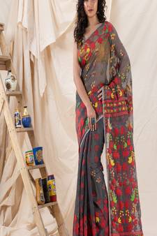 Traditional Deep Grey Soft Dhakai Creeper Jamdani Saree Without Blouse
