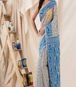 Traditional Deep Beige Sky Blue Soft Dhakai Jamdani Saree Without Blouse
