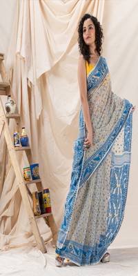 Traditional Deep Beige Sky Blue Soft Dhakai Jamdani Saree Without Blouse 2