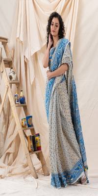 Traditional Deep Beige Sky Blue Soft Dhakai Jamdani Saree Without Blouse 5