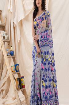 Traditional Ash Soft Dhakai Creeper Jamdani Saree Without Blouse