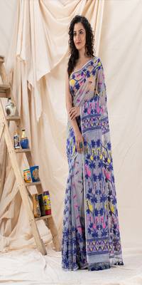 Traditional Ash Soft Dhakai Creeper Jamdani Saree Without Blouse 1