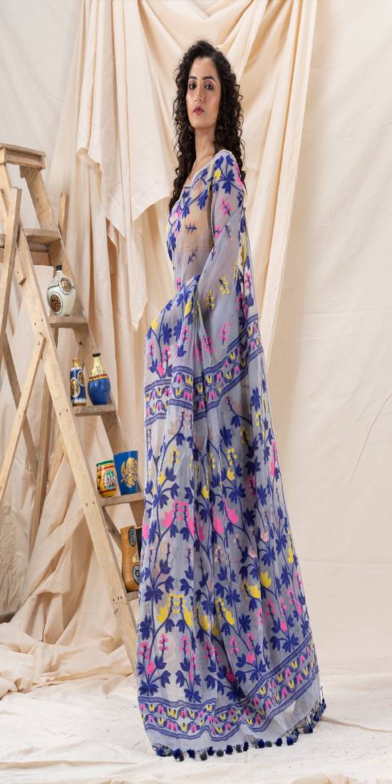 Traditional Ash Soft Dhakai Creeper Jamdani Saree Without Blouse