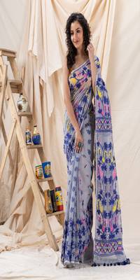 Traditional Ash Soft Dhakai Creeper Jamdani Saree Without Blouse 3