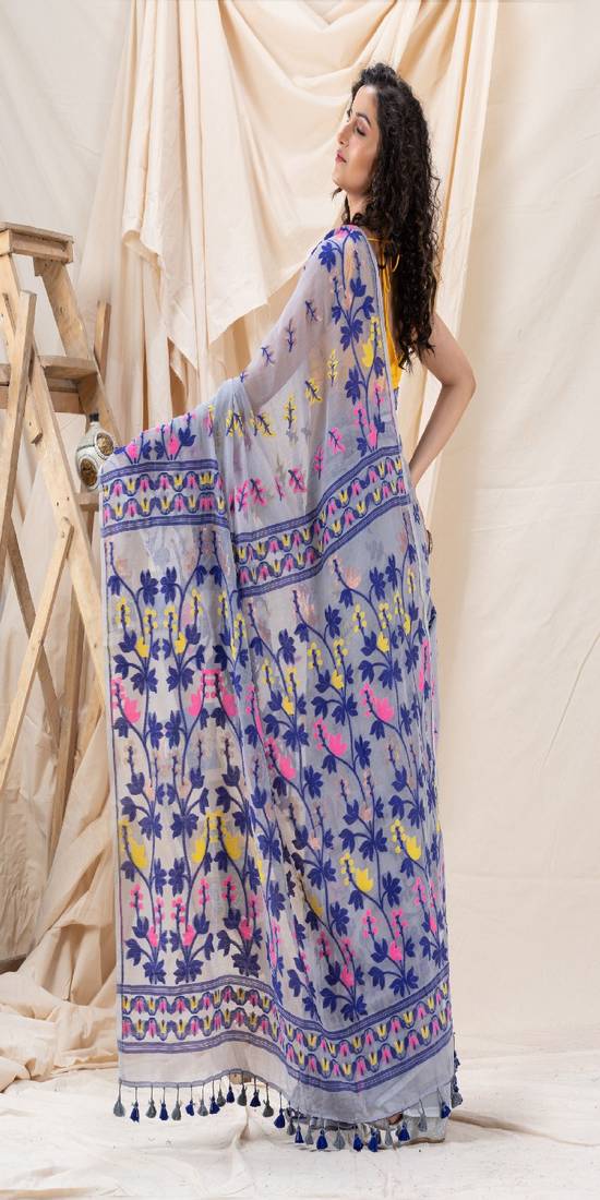 Traditional Ash Soft Dhakai Creeper Jamdani Saree Without Blouse