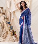 Traditional Blue Silk Linen Handloom Saree