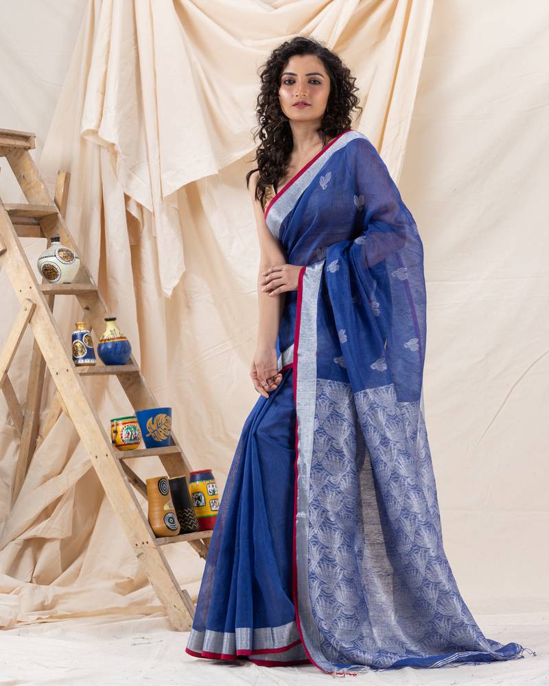 Traditional Blue Silk Linen Handloom Saree