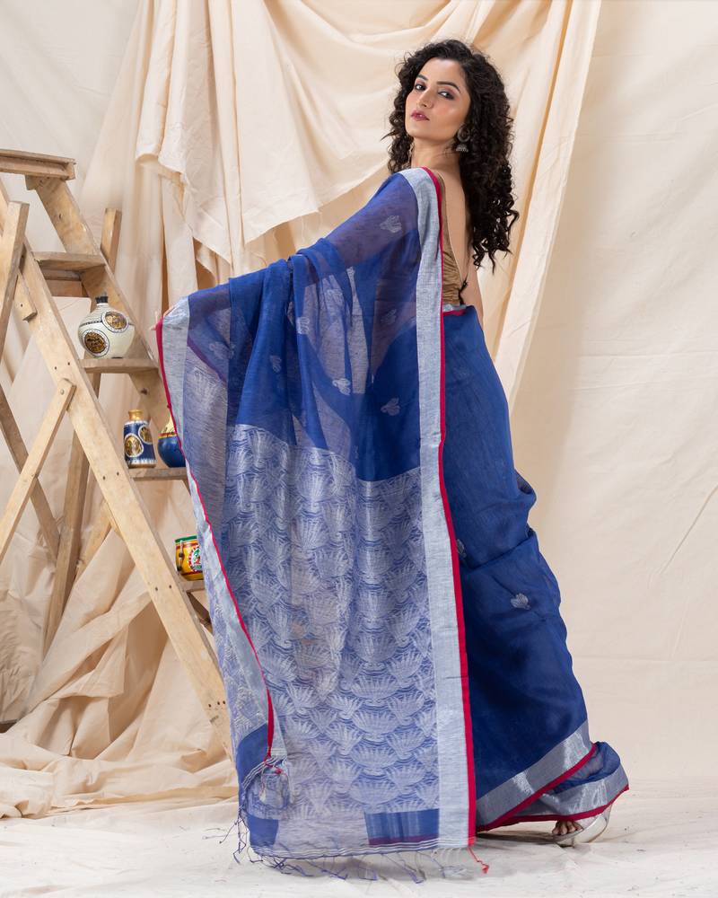 Traditional Blue Silk Linen Handloom Saree