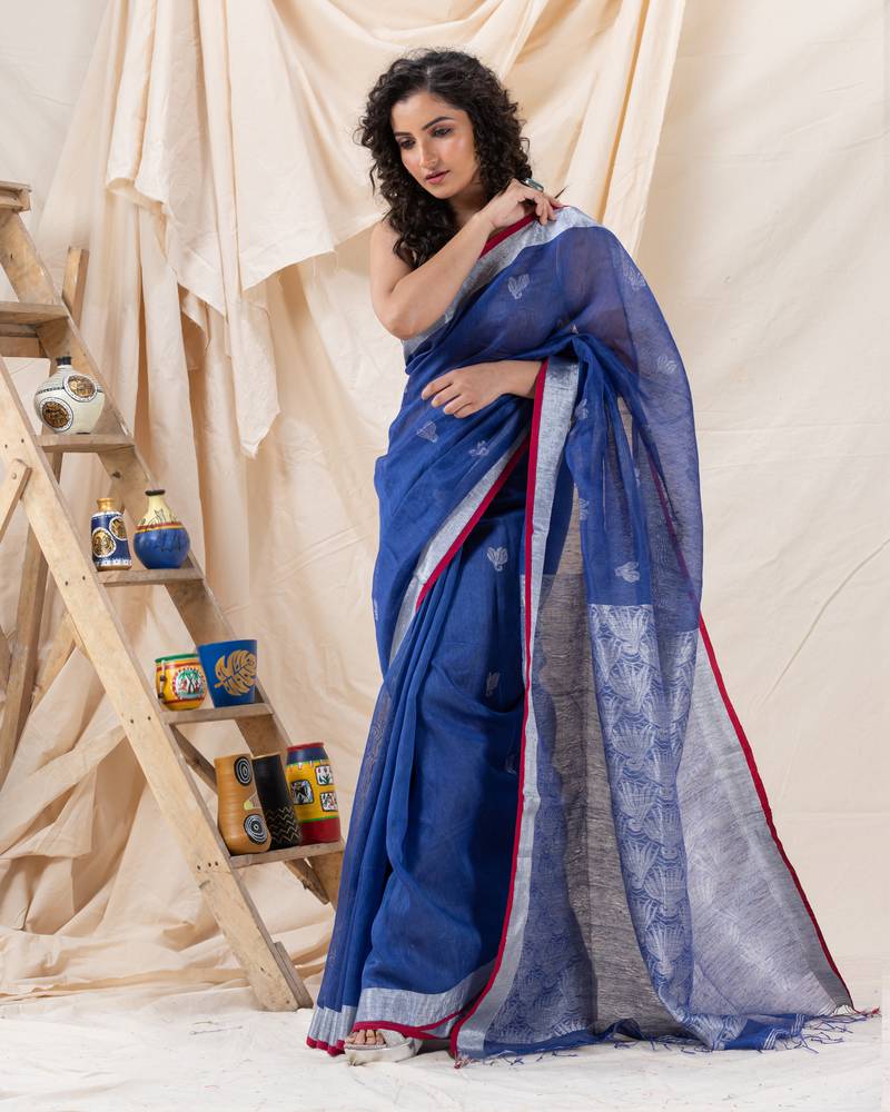 Traditional Blue Silk Linen Handloom Saree